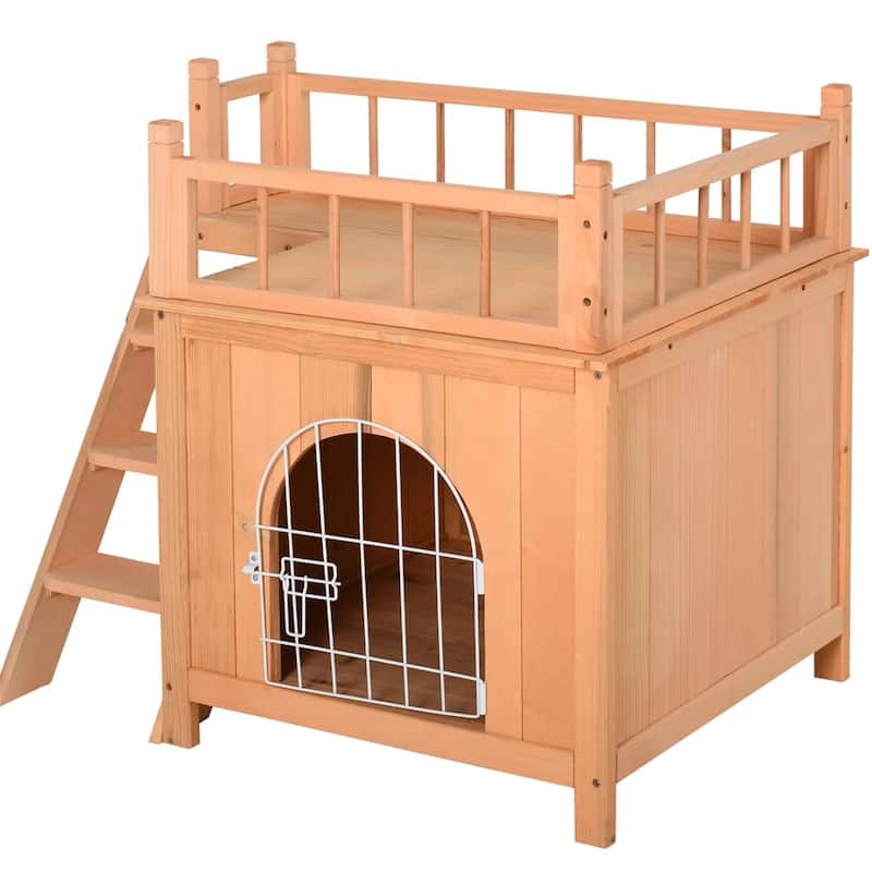 2-Level Wooden Cat House Outdoor With Lockable Wire Door - 28.75" L x 20.5" W x 25.75" H