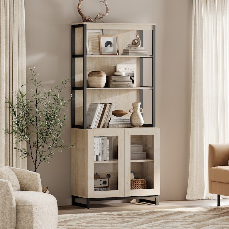 Modern 72" Tall Bookcase with Glass Doors and Adjustable Shelves for Home Office, Living room.