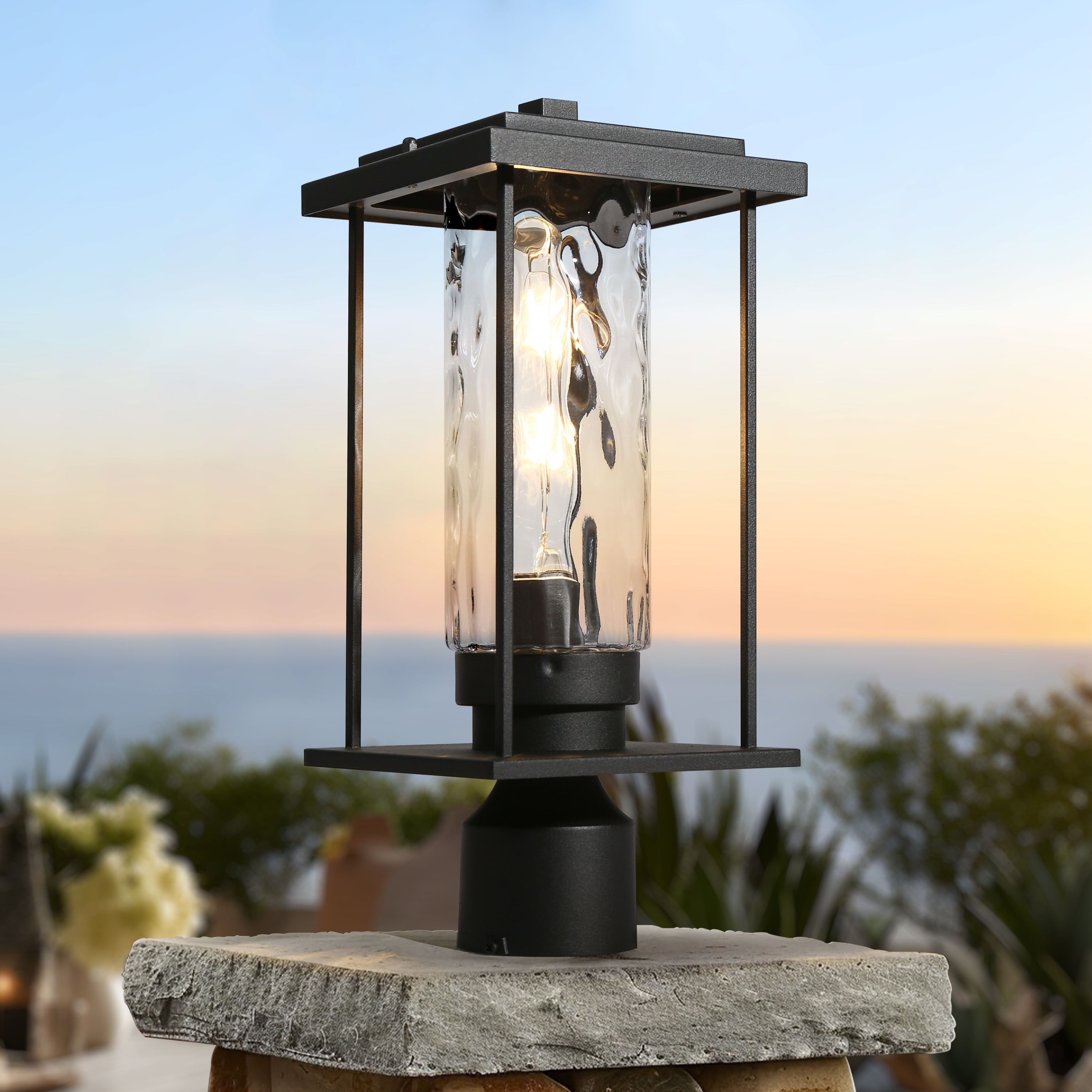 Modern Black 1-Light Outdoor Post Light Patio Lantern with Water Ripple Glass Shade - L 6.7" x W 6.7" x H 15.7"