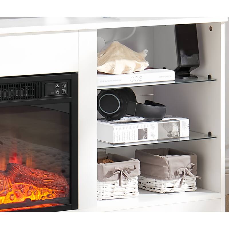 58'' TV Stand for TVs up to 62" with 3D Electric Fireplace, Glass Shelves, LED Lights and USB Charging Ports