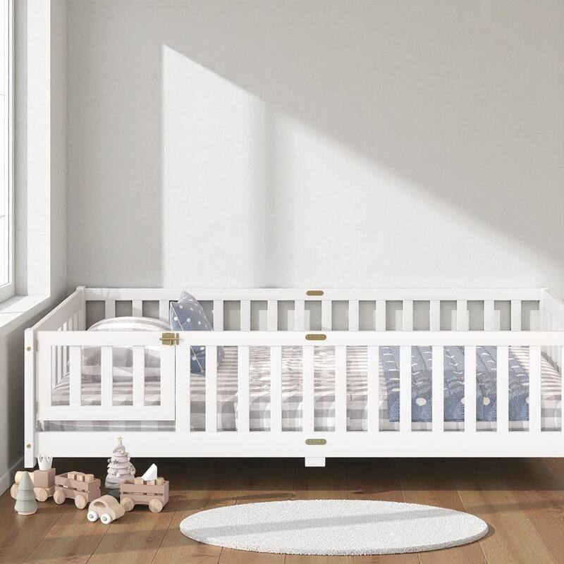 Twin Size Rubber Wood Floor Bed with Fence and Door, Montessori Platform Bed with Safety Guardrails for Kids