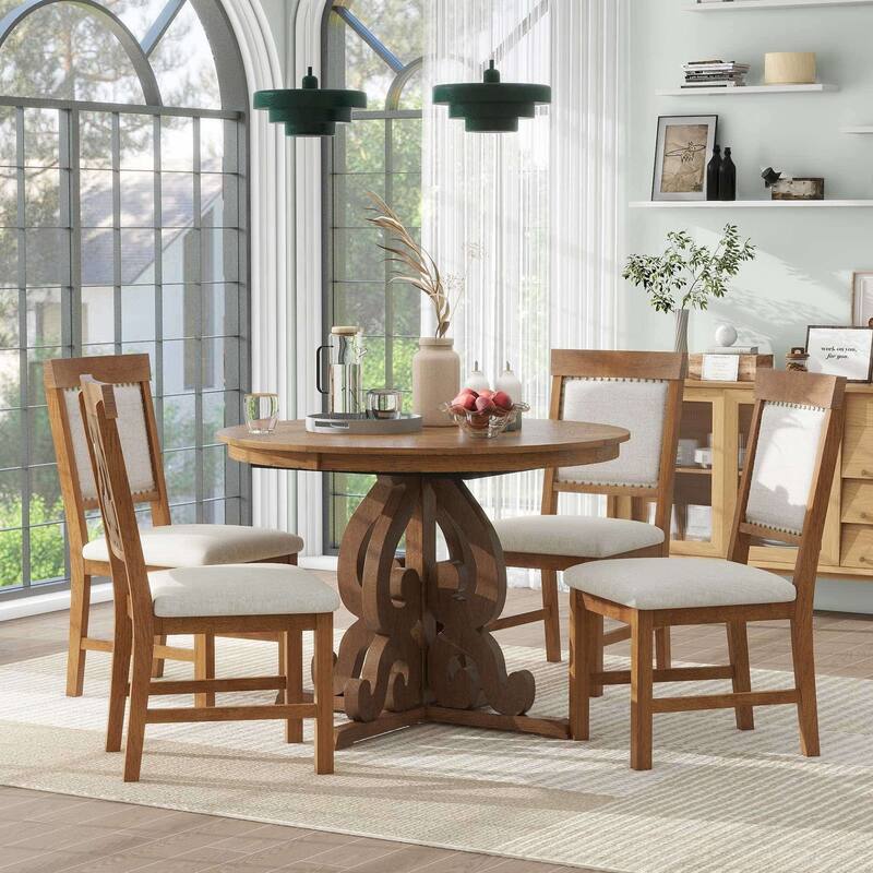 5-Piece Retro Extendable Dining Table Set with 16-Inch Leaf, 4 Chairs