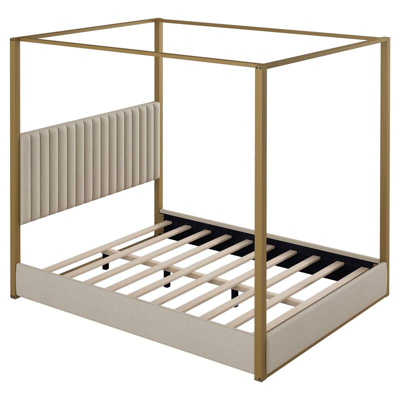 Queen Size Upholstery 4-Post Canopy Platform Bed with Headboard and Mattress Foundation, Metal Frame Low Profile Bed for Bedroom