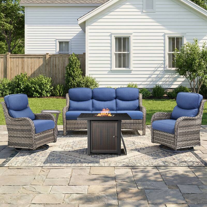 Pocassy 30 In Outdoor Propane Fire Pit Table Patio Sofa Chair Set. - Gray Wicker Blue Cushion - 5-Piece Sofa Swivel Chair Table w/ Fie Pit Table