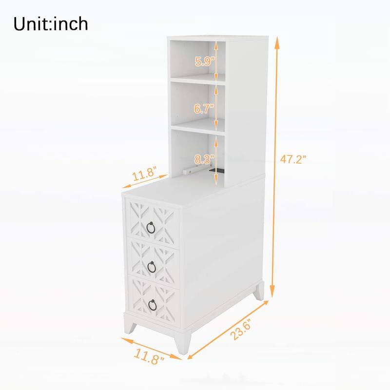 Elegant X-Carved End Table with 3 Drawers,2 Open Shelves,and Charging Station for Modern Bedrooms and Corners