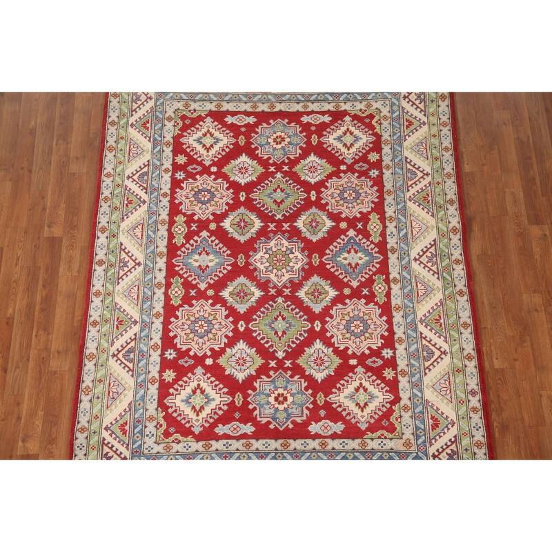Geometric Red Kazak Oriental Area Rug Handmade Wool Carpet - 5'8" x 7'10"