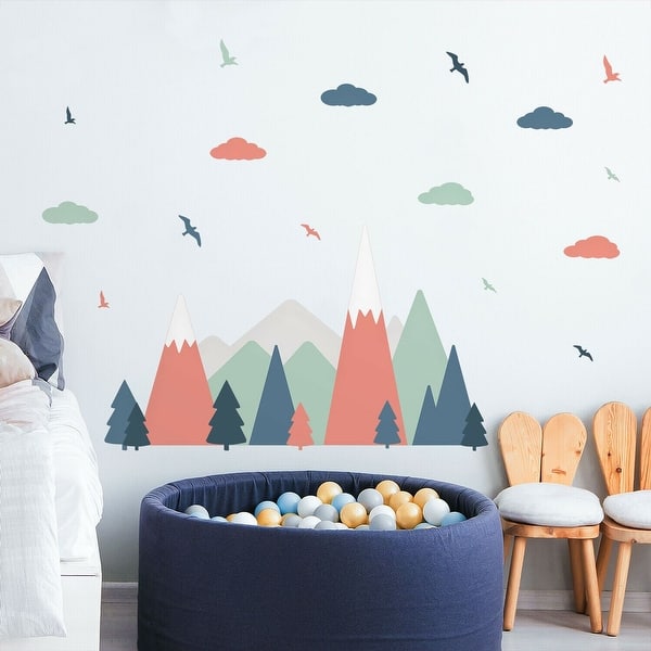 slide 2 of 7, Walplus Red Green Mountains Landscape Clouds Birds Children Wall Stickers