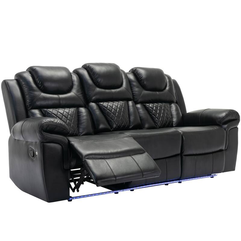 Home Theater Seating Manual Recliner Chair with Center Console and LED Light Strip for Living Room, Black