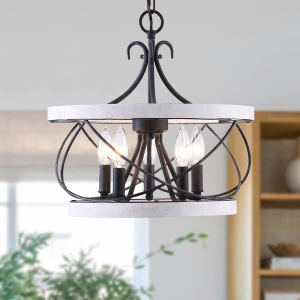slide 2 of 12, Chichoice 5 - Light Drum Chandelier Farmhouse Solid Wood Chandelier, Height Adjustable Pendant Light for Kitchen Island 15.75" - Distressed White