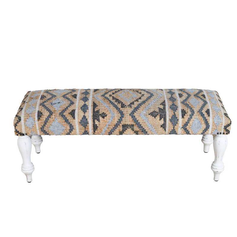 HomeRoots 47" Beige Blue and White Geometric Cotton Blend Upholstered Bench - 47.00 in. x 18.00 in. x 16.00 in.