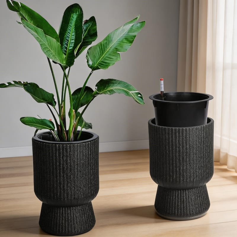 Set of 2 Classic 14.2-in Tall Self-Watering Planters with Water Level Monitor for Indoor and Outdoor Use White - Black