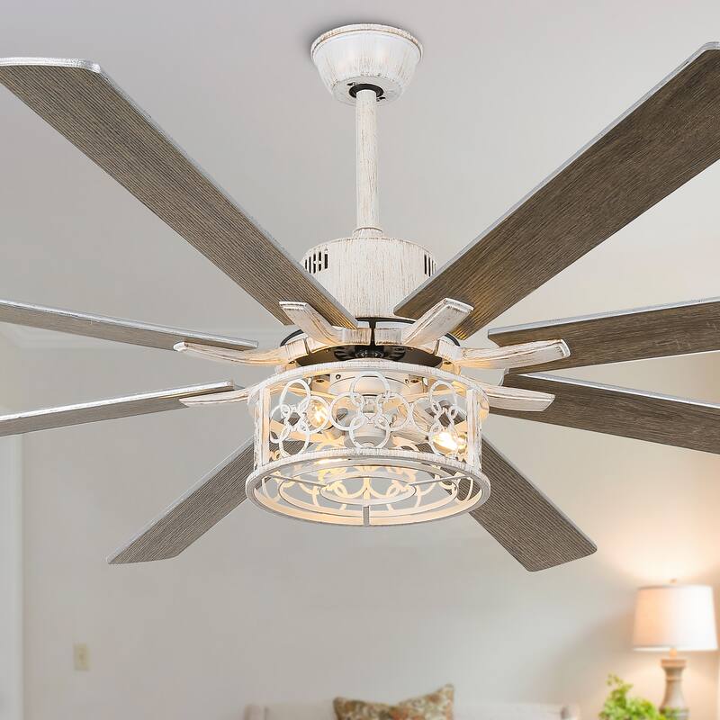 Bella Depot 72" Rustic Large Ceiling Fan with Light and Remote 6-speed 3-Light Farmhouse Metal Caged Black Ceiling Fan - DistressedWhite