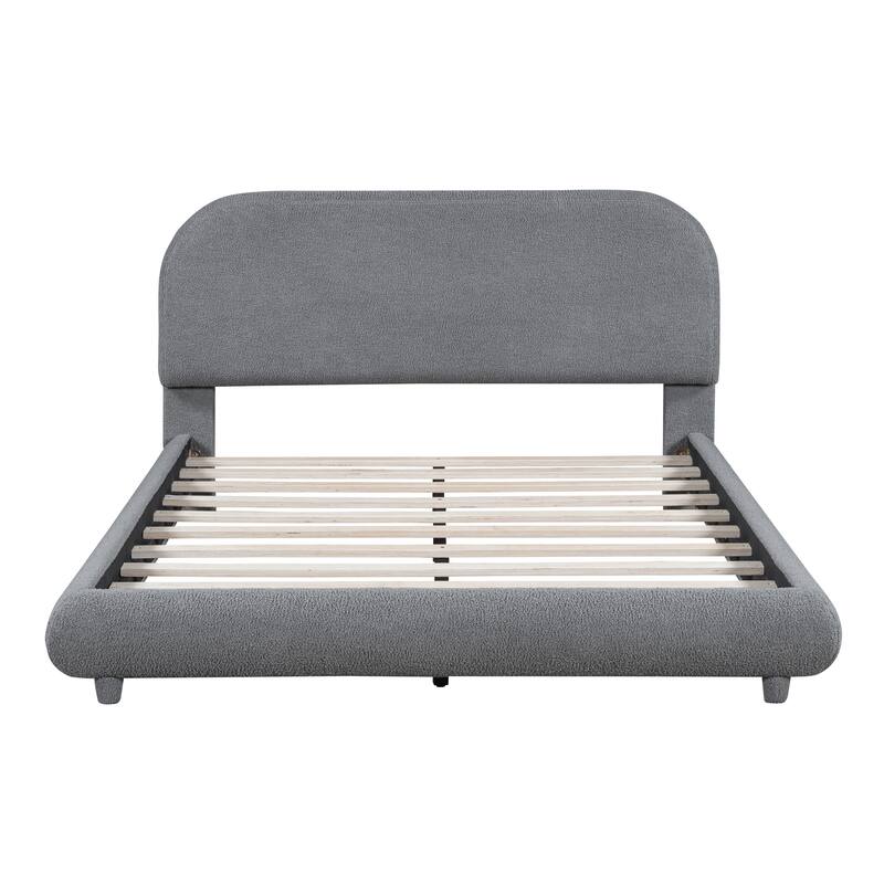 Full Size Upholstered Platform Bed with Curve-shaped Design, Soft Teddy Fleece Fabric, Sturdy Wood Frame, Gray