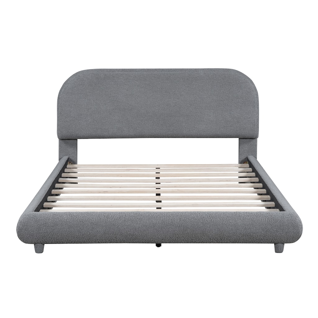 Teddy Fleece Upholstered Platform Bed with Thick Fabric & Solid Wood Slat Support Low Profile Panel Bed Frame