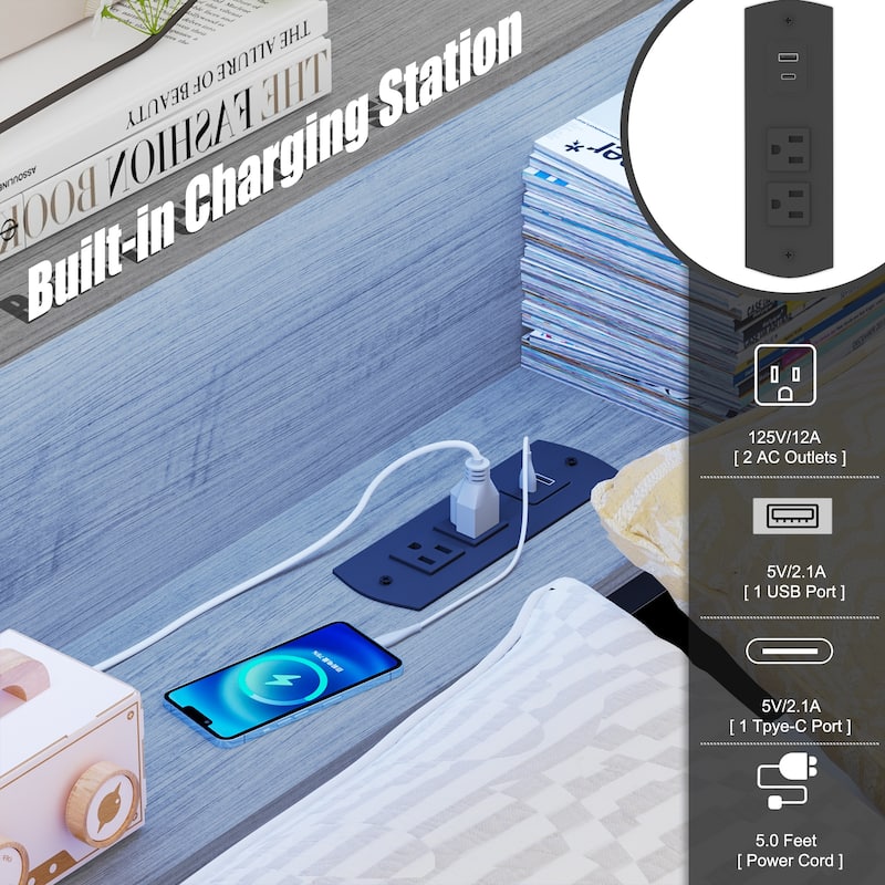 Corner Daybed with Storage Drawers and Bookcase Headboard, LED Light, USB Charging Station, No Box Spring Needed