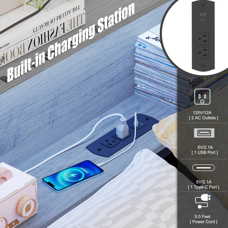 Full Corner Daybed with Storage, Bookcase Headboard, LED Light & Built-in Charging Station