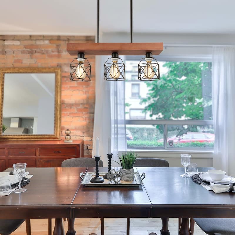 Anmytek Rustic Wood Metal Chandelier Kitchen Island 3-Light Fixture Adjustable Hanging Linear Chandelier for Dining Room