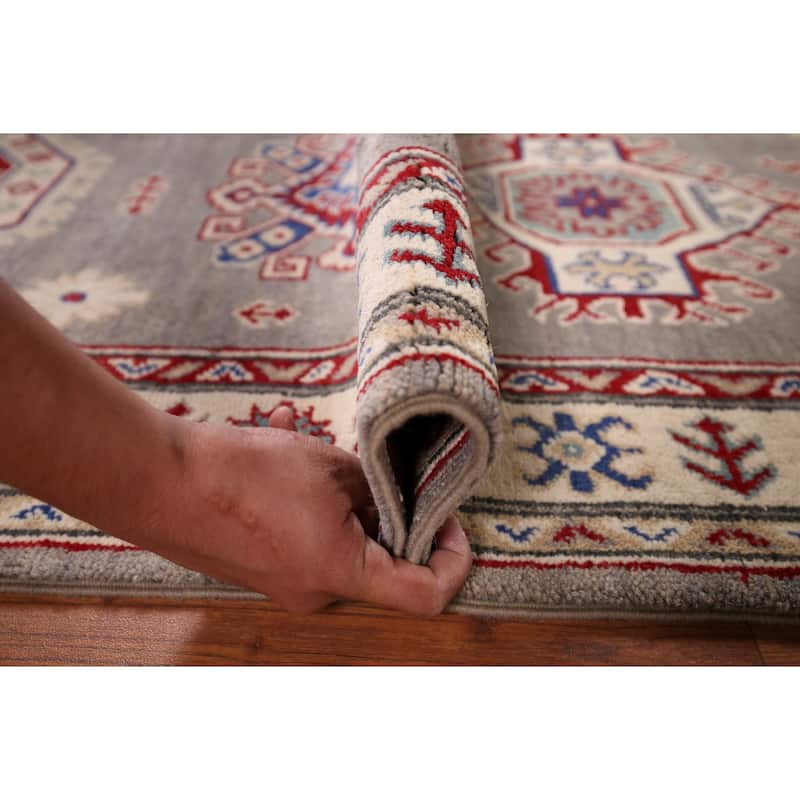 Gray Geometric Kazak Runner Rug Handmade Oriental Wool Carpet - 2'8" x 19'5"