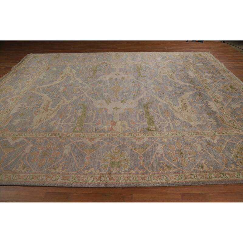 All-Over Gray Oushak Indian Area Rug Hand-Knotted Wool Carpet - 9'3" x 12'0"
