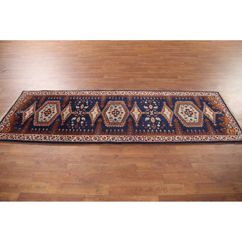 Blue Geometric Viss Oriental Runner Rug Handmade Wool Carpet - 2'7"x 7'10"