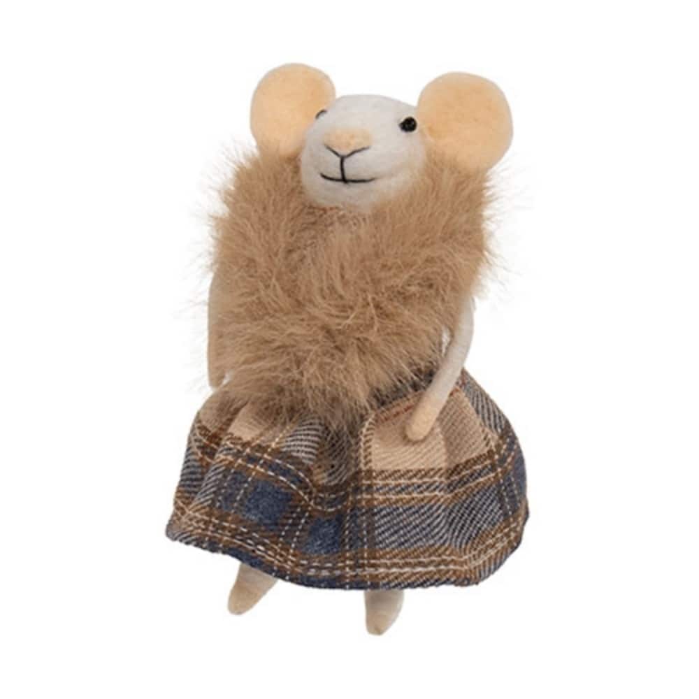Felted Mouse Ornament in Plaid Coat Cozy Christmas Decor - 3" x 2.25" x 4.75"