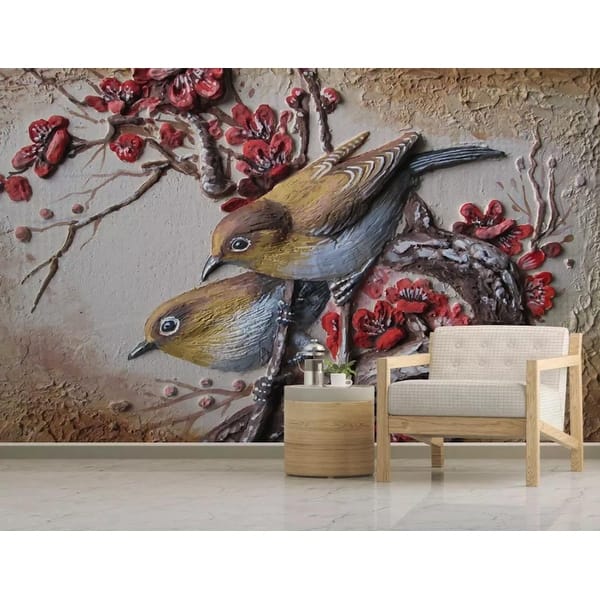 3D Embossed Cement Sculpture Bird Colorful Tree Modern Textured