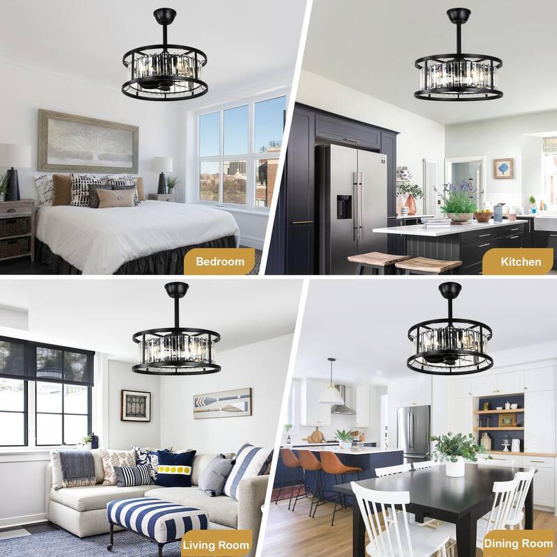 Cusp Barn 20" Black Crystal Caged Ceiling Fan with Light and Remote, Modern 8-Blade Fandelier, DC Motor Reversible Ceiling Fan