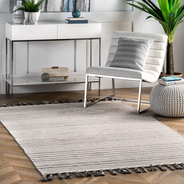 slide 2 of 14, Nuloom Rose Stripe Cotton Flatweave Tassel Area Rug 5' x 8' - Light Grey - Rectangle