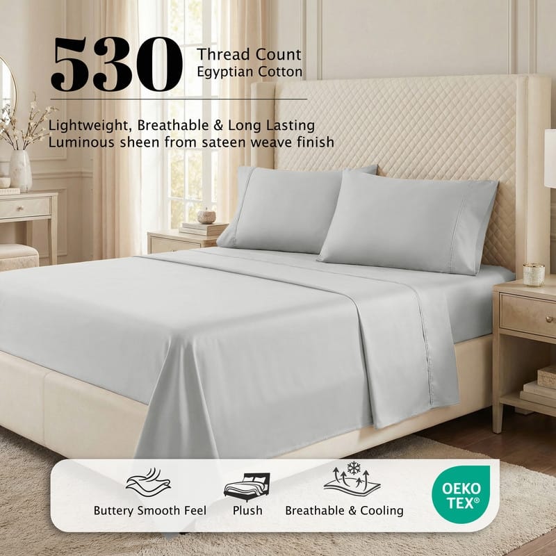 Superior Egyptian Cotton 530 TC Sheet Set Sateen Weave, Deep Pocket, Ultra‑Soft & Breathable Bedding