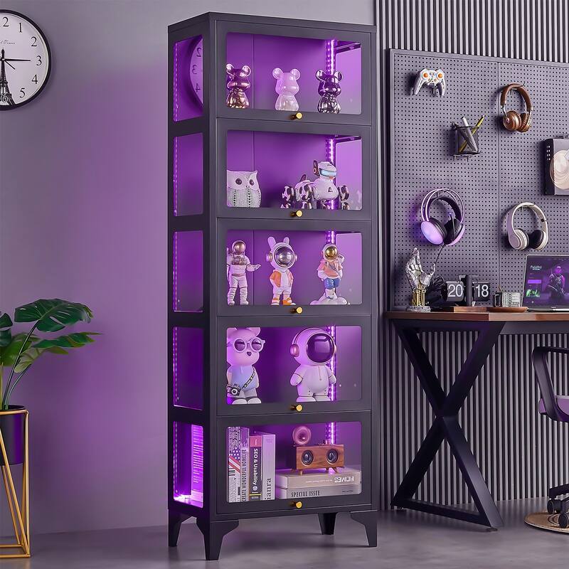 4/5-Tier Curio Display Cabinet with Glass Flip Doors & LED Light Strip