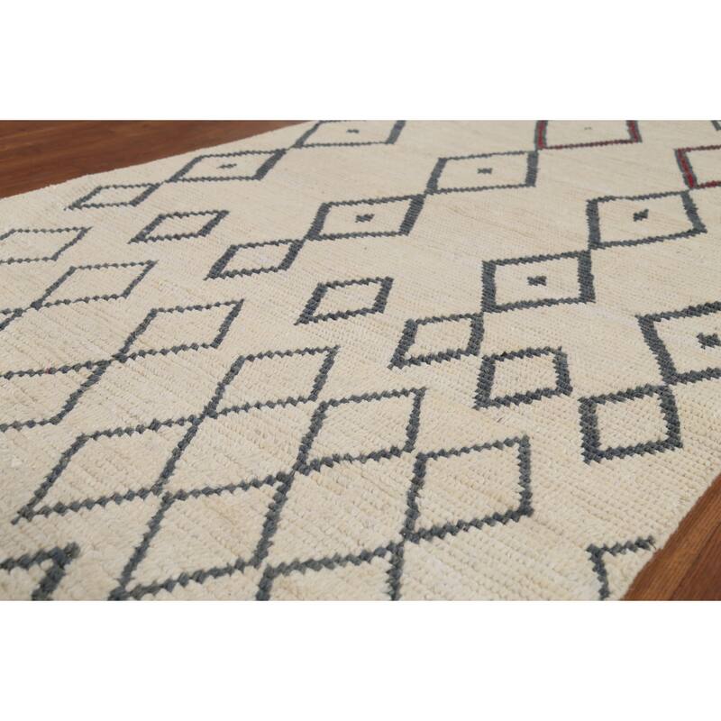 Modern Geometric Moroccan Runner Rug Hand-Knotted Wool Carpet - 3'11"x 11'7"
