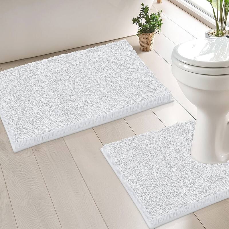 2 Piece Set White Soft Cozy Plush Chenille Bath Mat Bathroom Rug - 30"x20"+20"x20"U - White