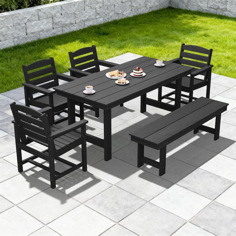 6-Piece HDPE Outdoor Dining Table Sets with Umbrella Hole - 1-Table 4-Chairs-1-Bench