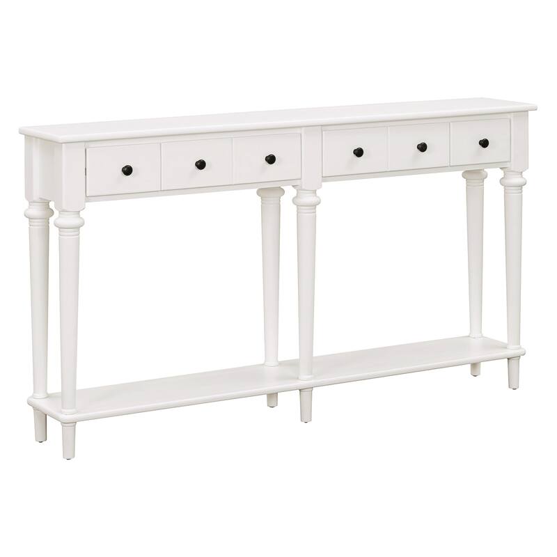 Solid Wood Entryway Table with 4 Drawers, 59.8" Retro Console Table with Open Shelf for Entryways, Living Rooms and Hallways