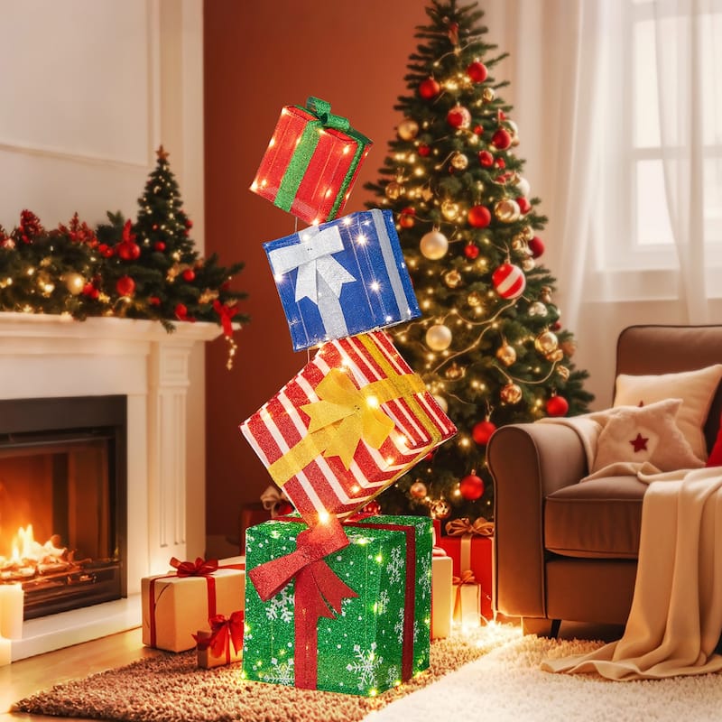 Gymax 48'' Lighted Stacked Gift Boxes Light up Box Tower Christmas - Multi-colors - See Details