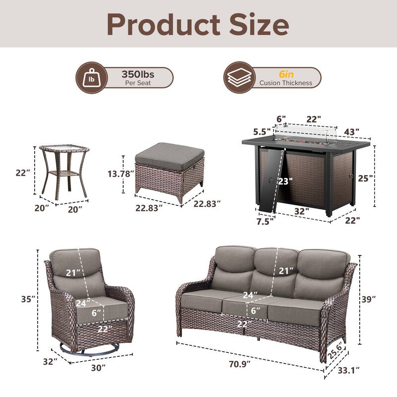 Gymojoy 9-Piece Wicker Patio Furniture Sofa Set with Fire Pit Table, 6-Inch Thick Cushion Swivel Glider Chairs & Ottomans