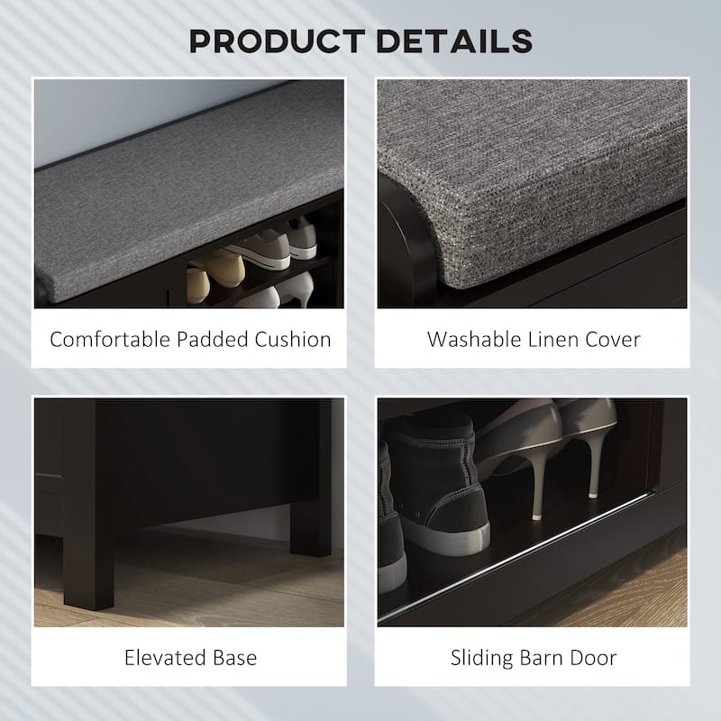 Entryway Shoe Bench Storage Ottoman with Sliding Doors, Adjustable Shelving, 6 Compartments, and Padded Seat, Holds 10 Pairs