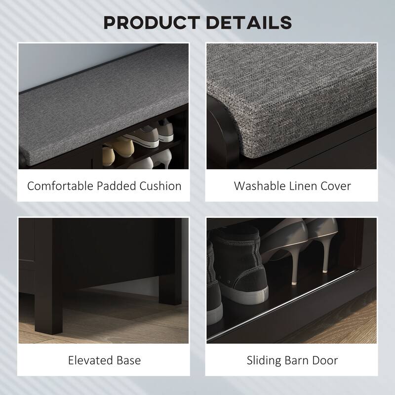 Shoe Bench Storage Ottoman with Sliding Doors, Adjustable Shelving, 6 Compartments, and Padded Seat