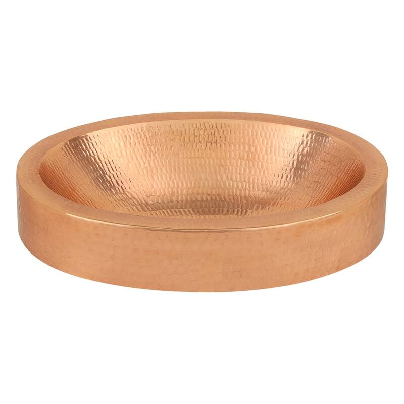17" Compact Oval Skirted Vessel Hammered Copper Sink in Polished Copper, Matching Drain and Accessories