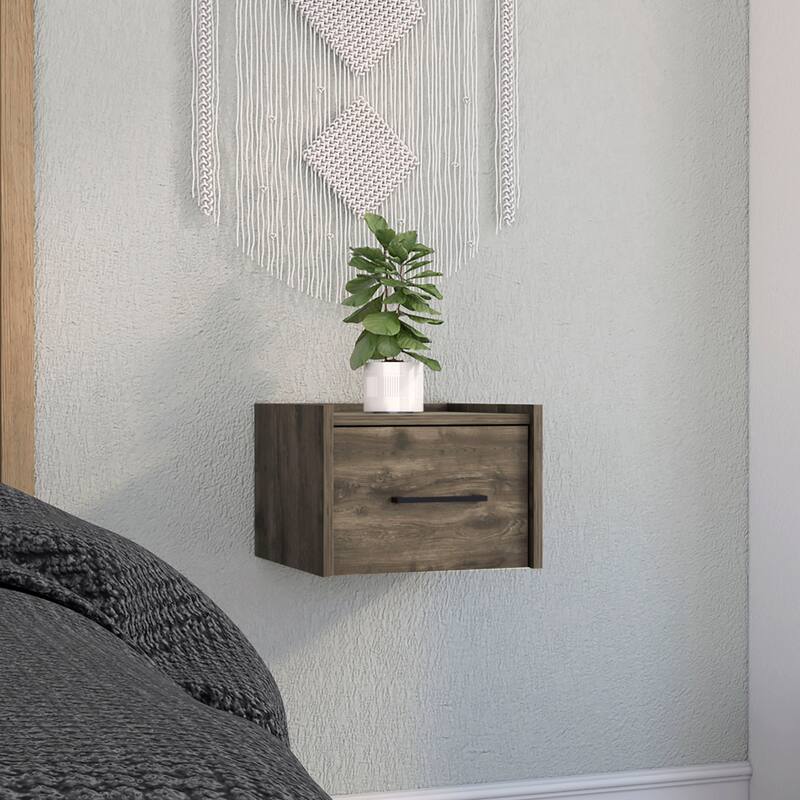 Floating Wall-Mounted Nightstand with Drawer - Dark Brown - Space-Saving Bedside Table - Brown