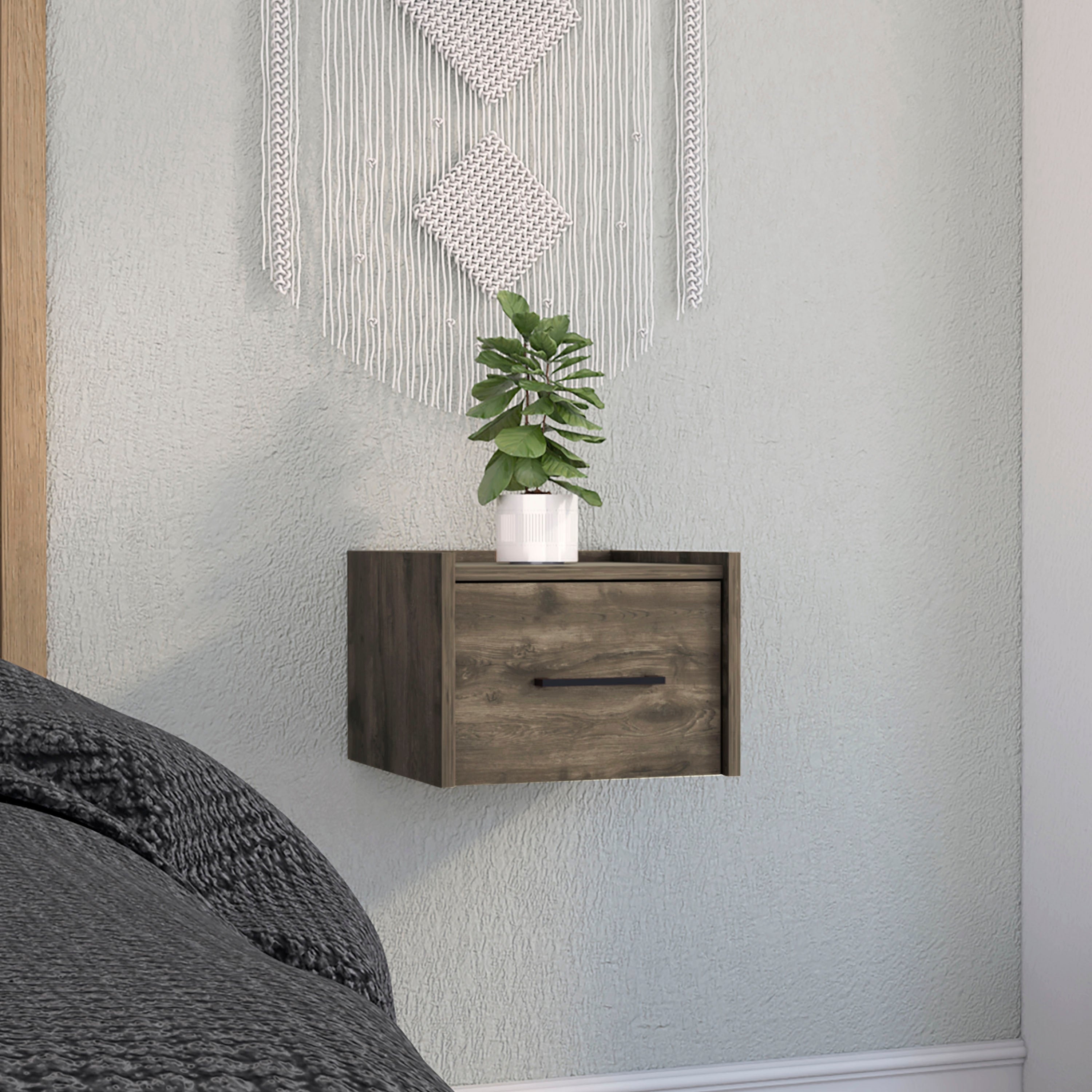 Wall-Mounted Floating Nightstand with Single Drawer - Dark Brown