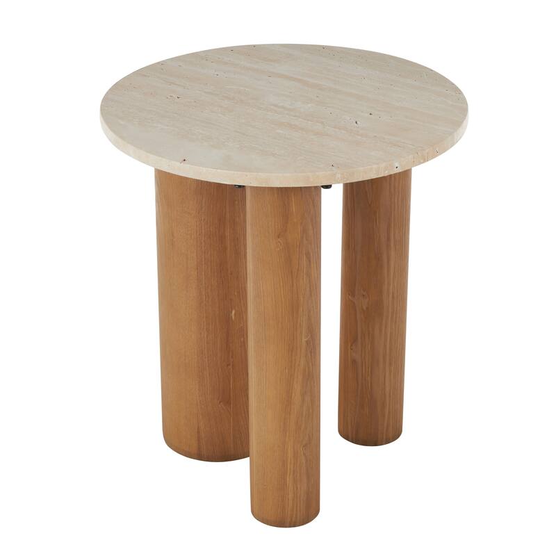 Wood Accent Table with Beige Round Marble Tabletop - Brown - Roche River Decor