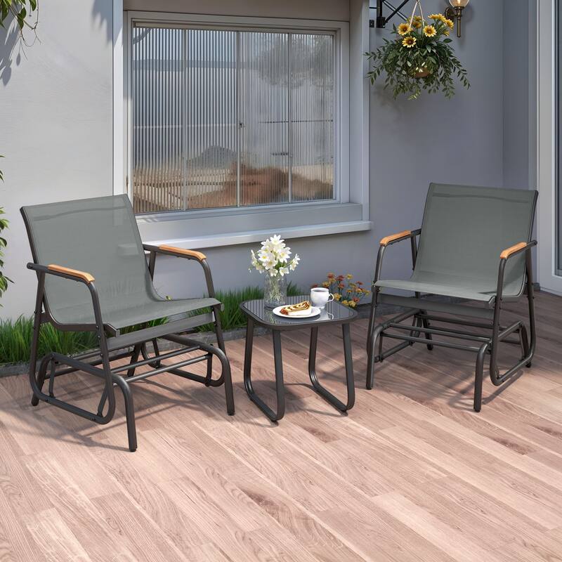 Moasis 3pcs Textline Patio Bistro Set Glider Chair with Coffee Table Tempered Glass
