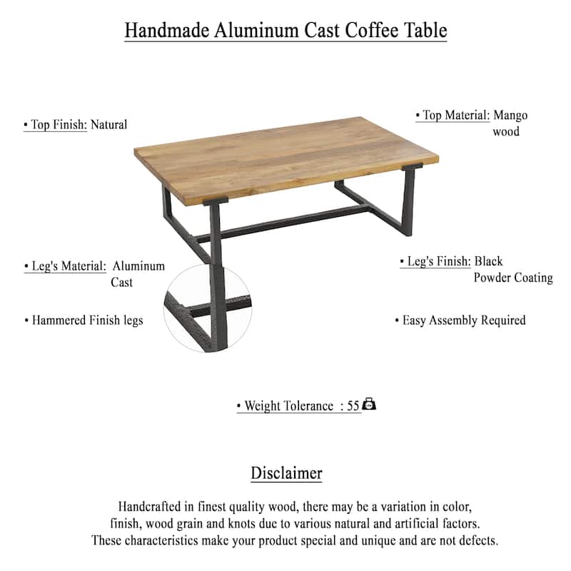 Marlon 48" Coffee Table | Handmade Aluminum Cast Black Frame | Natural Brown Solid Mango Wood Top