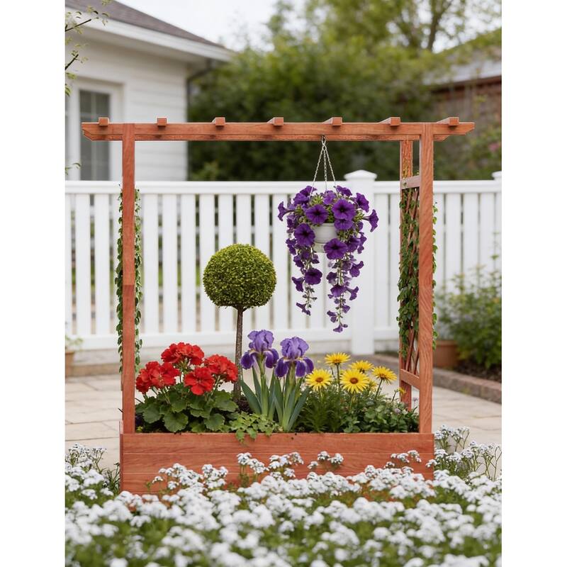 Raised Wooden Planter Box, with Trellis and Drainage Holes