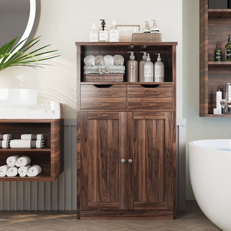 Bathroom Storage Cabinet – Waterproof Free Standing Storage Cabinet with Adjustable Shelf & Soft-Close Drawers - Brown