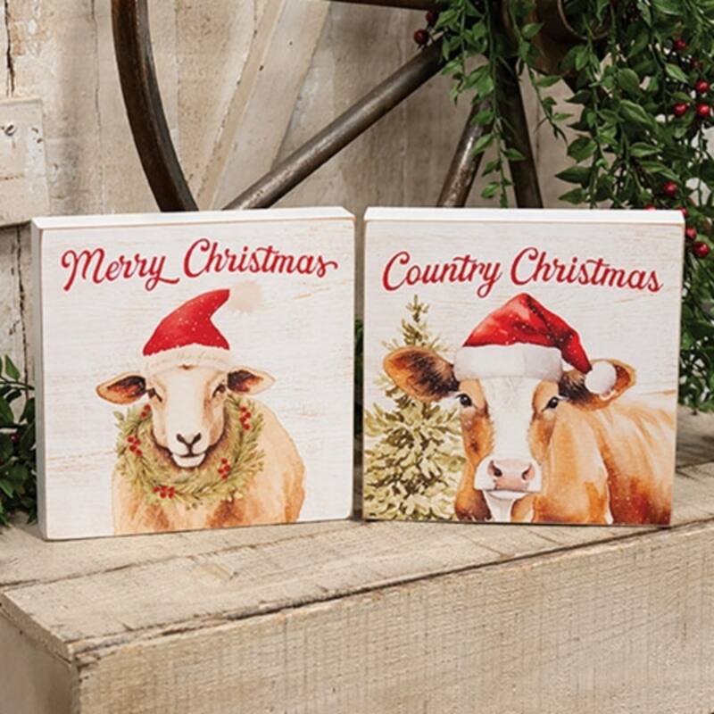 Christmas Farm Animal Box Sign Cow and Sheep Decor 2 Asstd. - 8" H x 8" W x 1.5" D