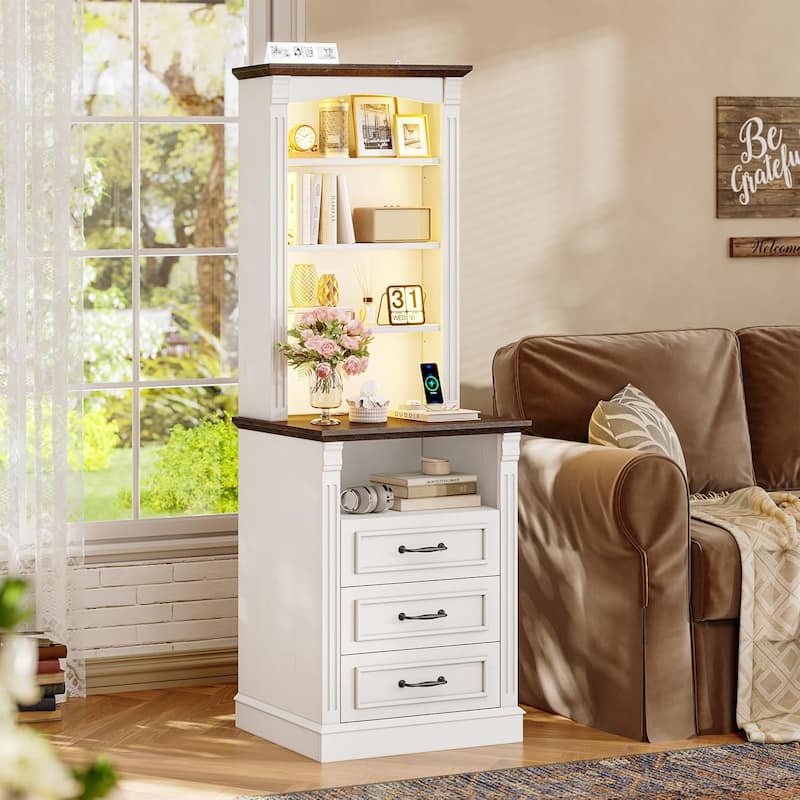 61" Tall Nightstand with 3 Drawers Charging Station LED Light 3 Adjustable Shelves