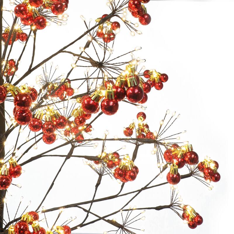 Puleo International 6' Pre-Lit Twig Tree with LED Warm White Lights and Red Ornaments