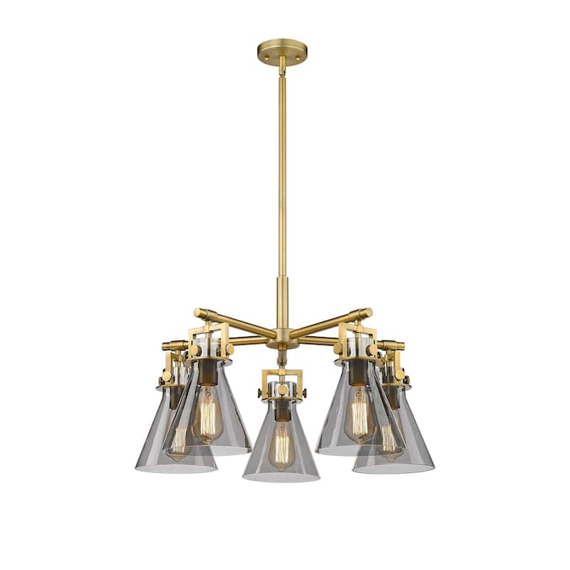 Innovations Lighting Newton Cone - 5 Light 7" Stem Hung Chandelier - Brushed Brass/Light Smoke